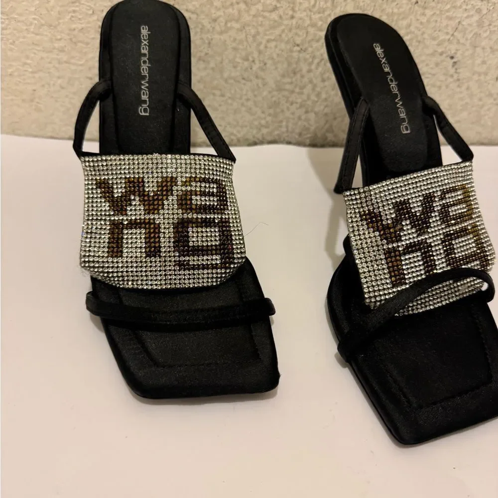 Alexander Wang Black and Silver Strappy Rhinestone Heels